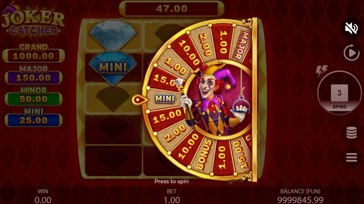 Joker Catcher slot game interface with classic casino symbols and central Joker character