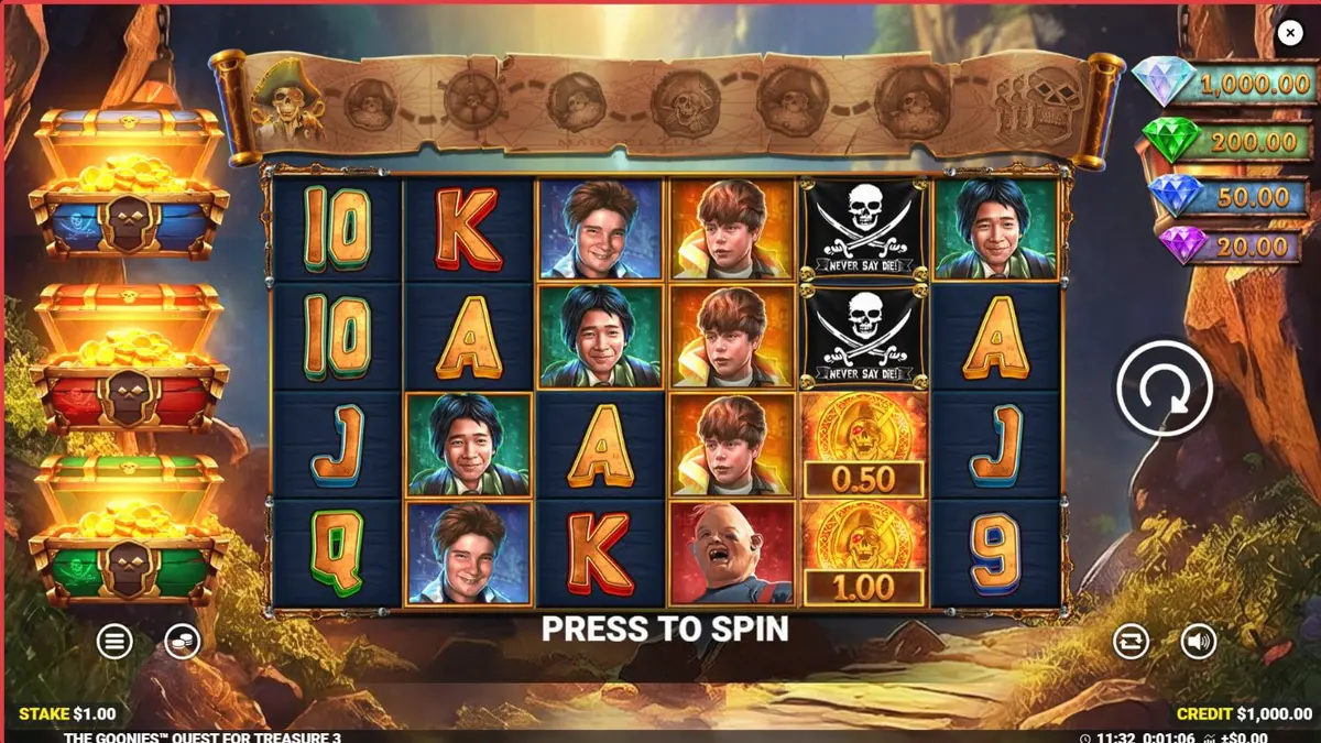 The Goonies Quest for Treasure 3 slot game interface featuring iconic characters and treasure map elements